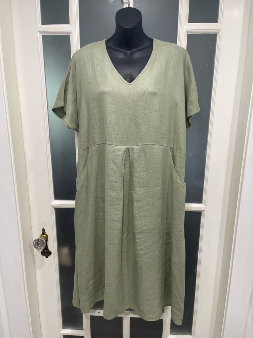 V-Neck Olive linen Midi Dress with Pockets
